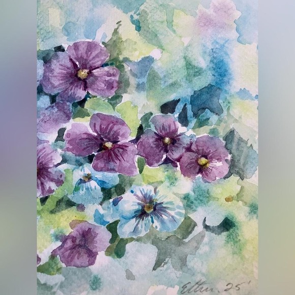 Original painting pansies floral watercolor botanical decor art Artettina US - Picture 3 of 7